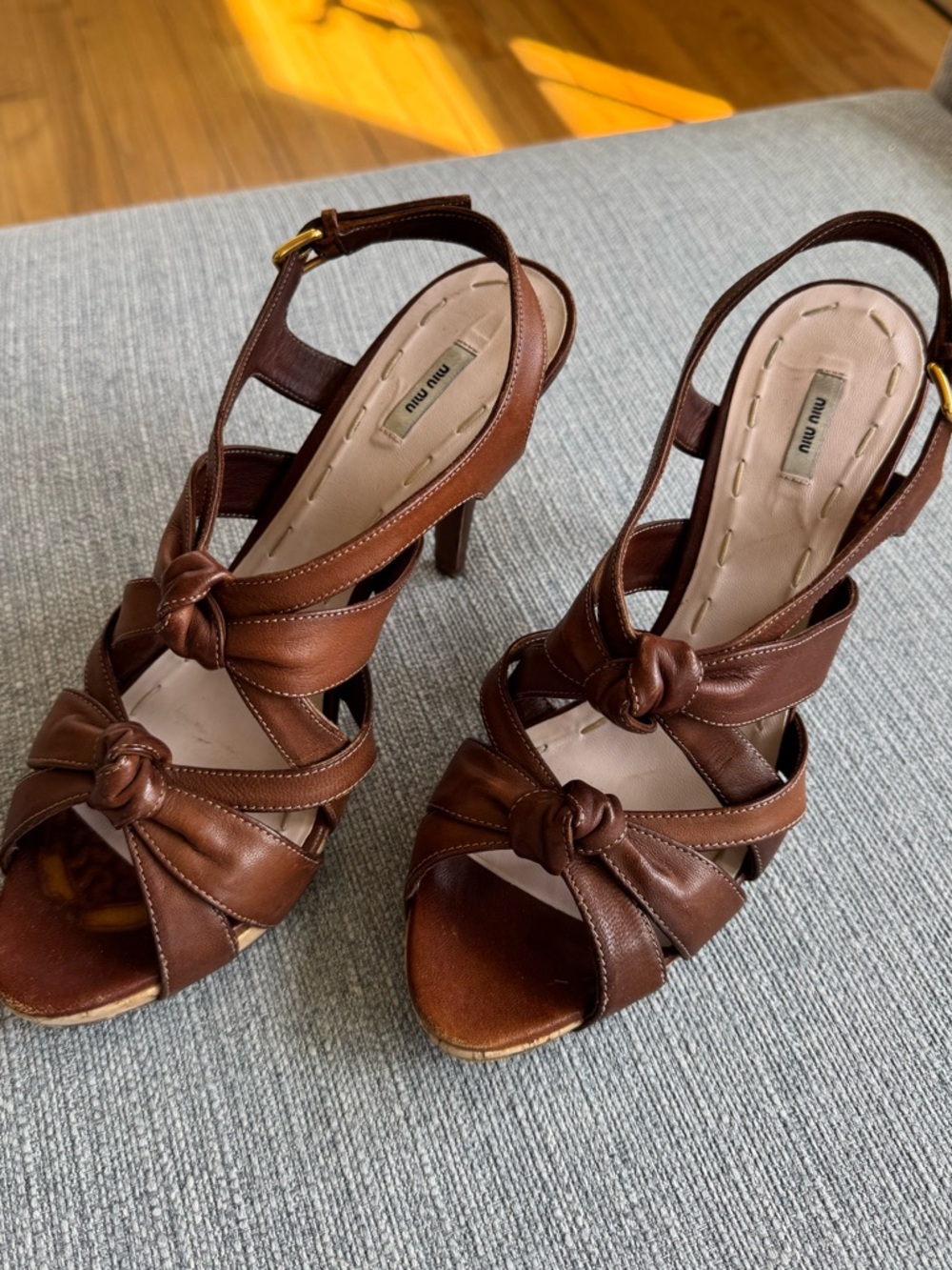 Miu Miu Brown Leather Knotted Slingback Heels